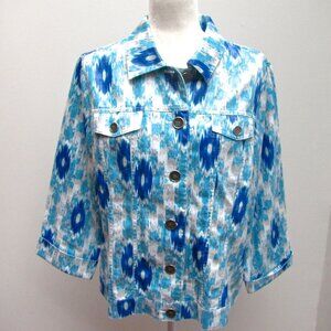 Chicos Blue & White Jacket Linen Shimmer 3/4 Sleeve Women’s Size 2 (L/12)